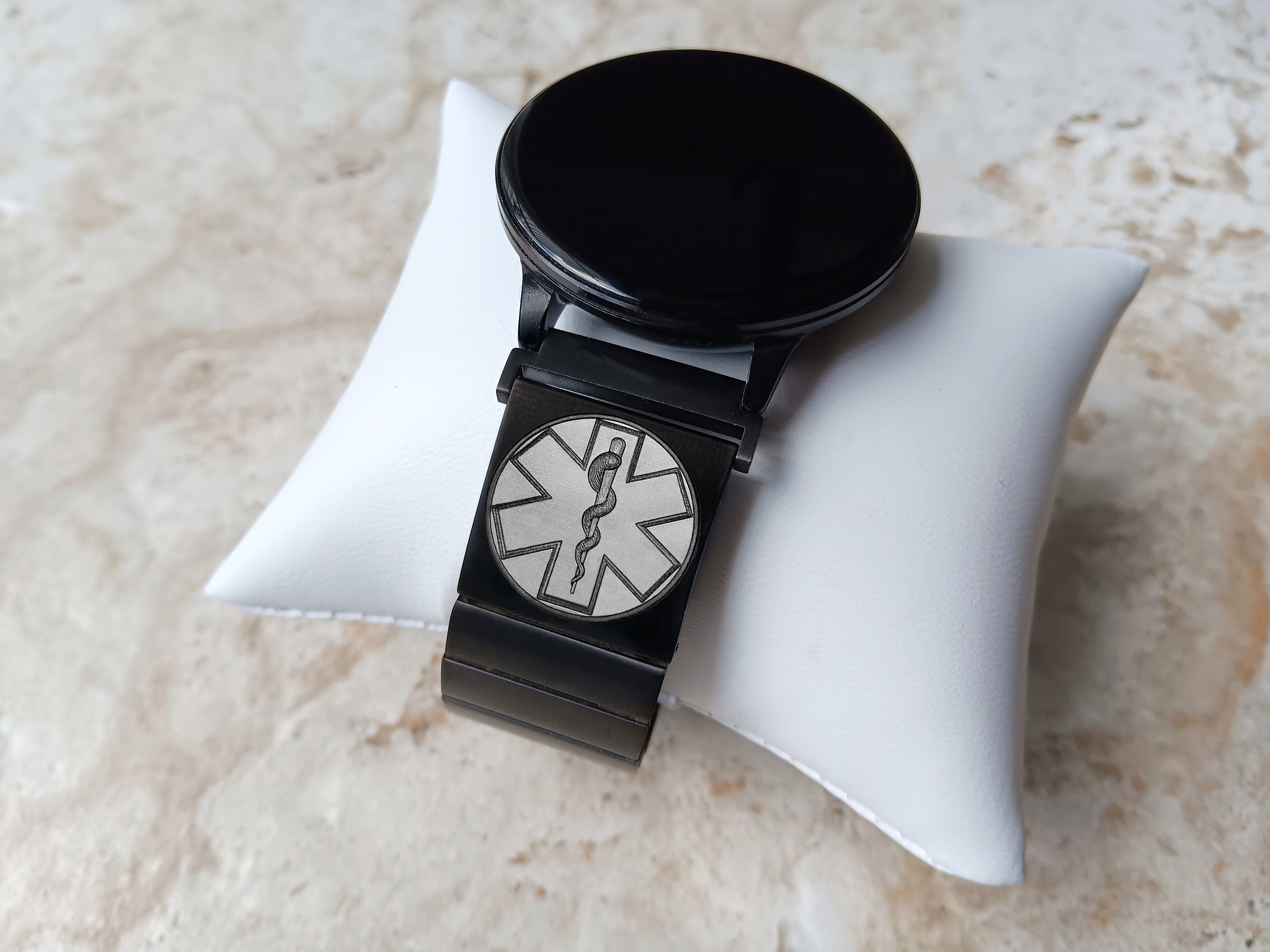 Samsung Engraved Medical Symbol Band for Watch 7 6 5 4 Classic Watch 3 Active2 40mm 41 42 43 44 45mm 46mm 47mm St Steel Black Strap MS2 -A20